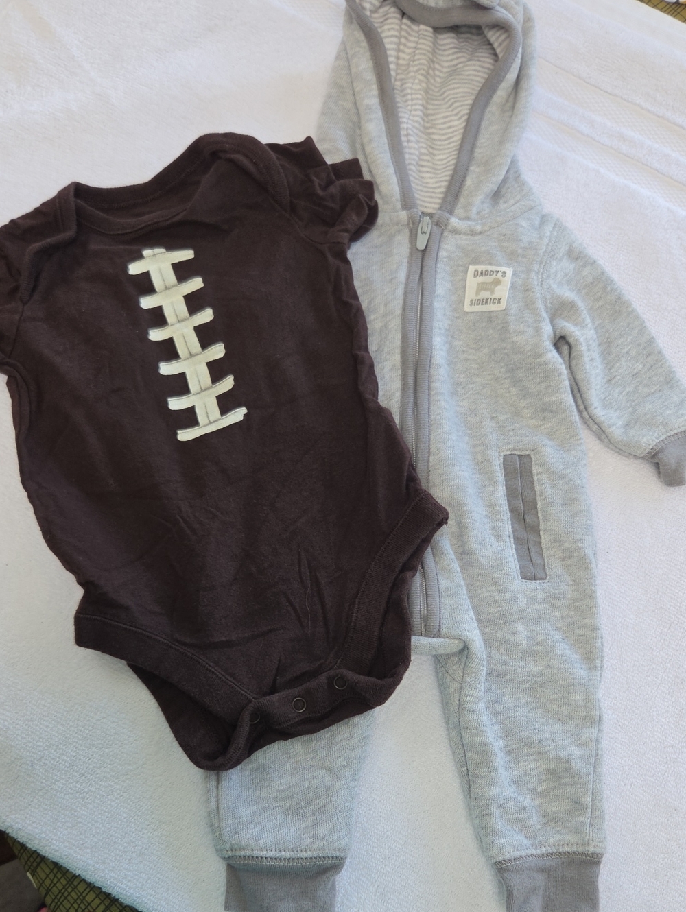 Carter's Gray Hooded Zip One-Piece (NB) and Brown Football Onsie Sz 0-3m